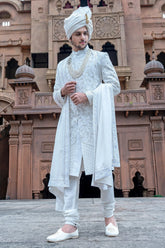 Pearl White Silk Embroidery and Zardosi Work Sherwani Set